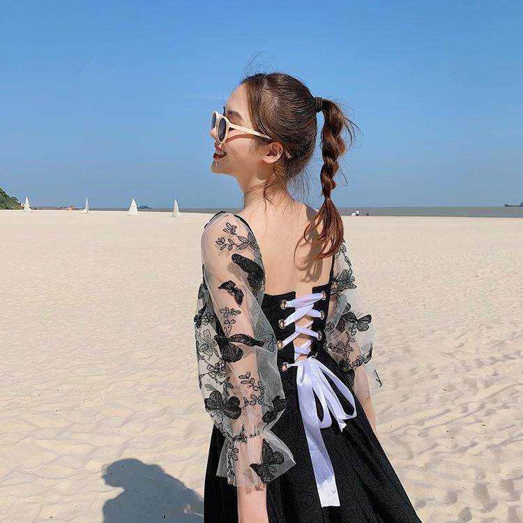 泳衣女长袖连体学生保守遮肚遮肉少女连衣裙小胸露背带胸垫