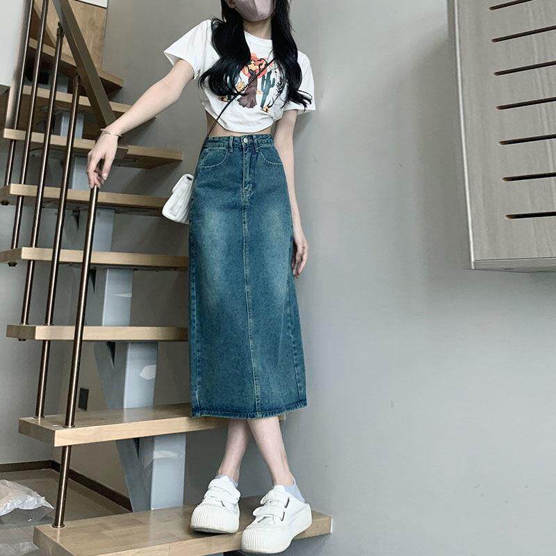 百搭高腰牛仔半身裙女春装新款小个子中长款复古a字裙子裙时尚潮