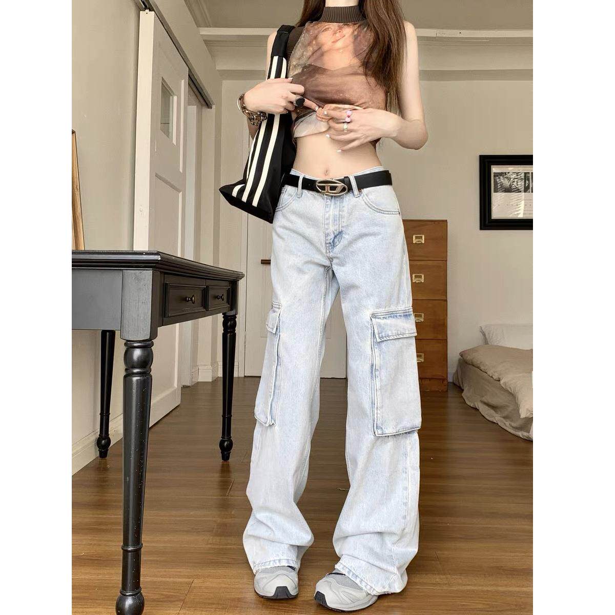 美式复古街头工装牛仔裤女春款宽松直筒设计感高腰拖地阔腿裤定制