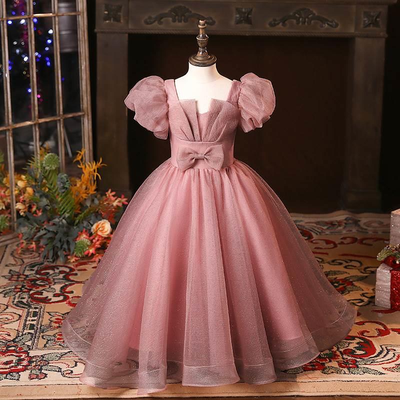 女童礼服粉色泡泡袖周岁晚礼服公主裙小主持人仙气走秀钢琴演出服