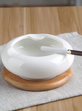 酒店高档烟灰缸带木托盘办公室家用烟碟白色陶瓷烟缸简约清新摆件