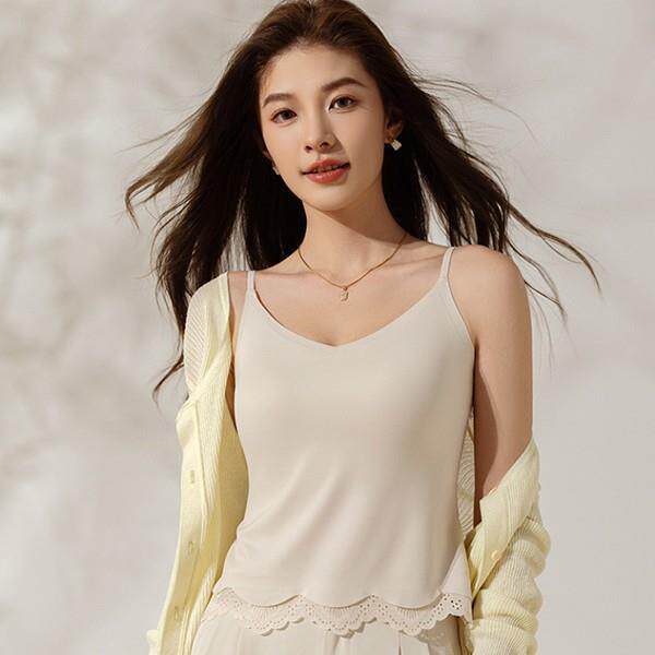 新款波浪蕾丝打底吊带背心女带胸垫内搭美背一体杯大码上衣夏定制