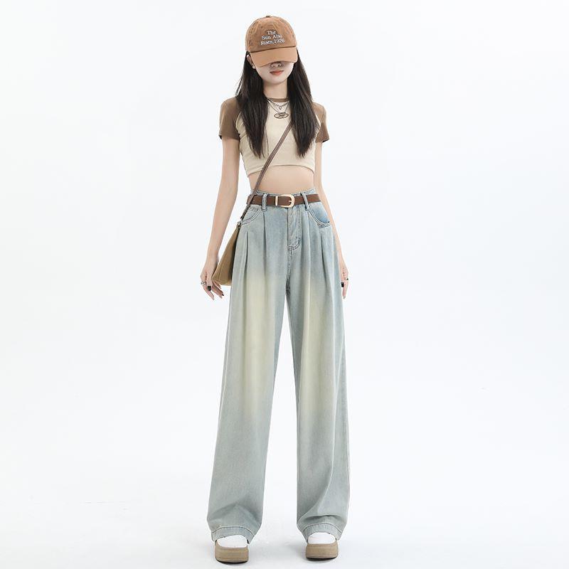 怀旧阔腿牛仔裤女夏季2025新款薄款高腰宽松显直筒垂感拖地裤子定