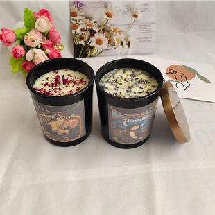 现货带盖黑色玻璃杯石香薰蜡烛红色玫瑰紫色薰衣草大豆蜡烛定制