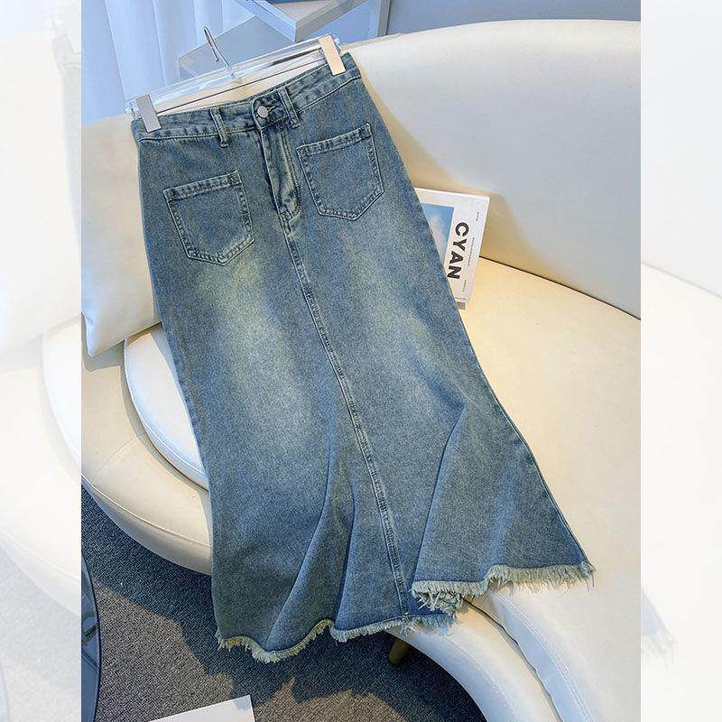 小个子显高中长款高级百搭鱼尾裙2025高腰牛仔半身复古蓝色女装定