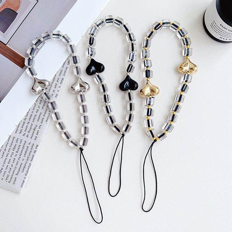 新款黑色方块手机链条爱心串珠短款手机挂绳创意个性挂饰挂件定制