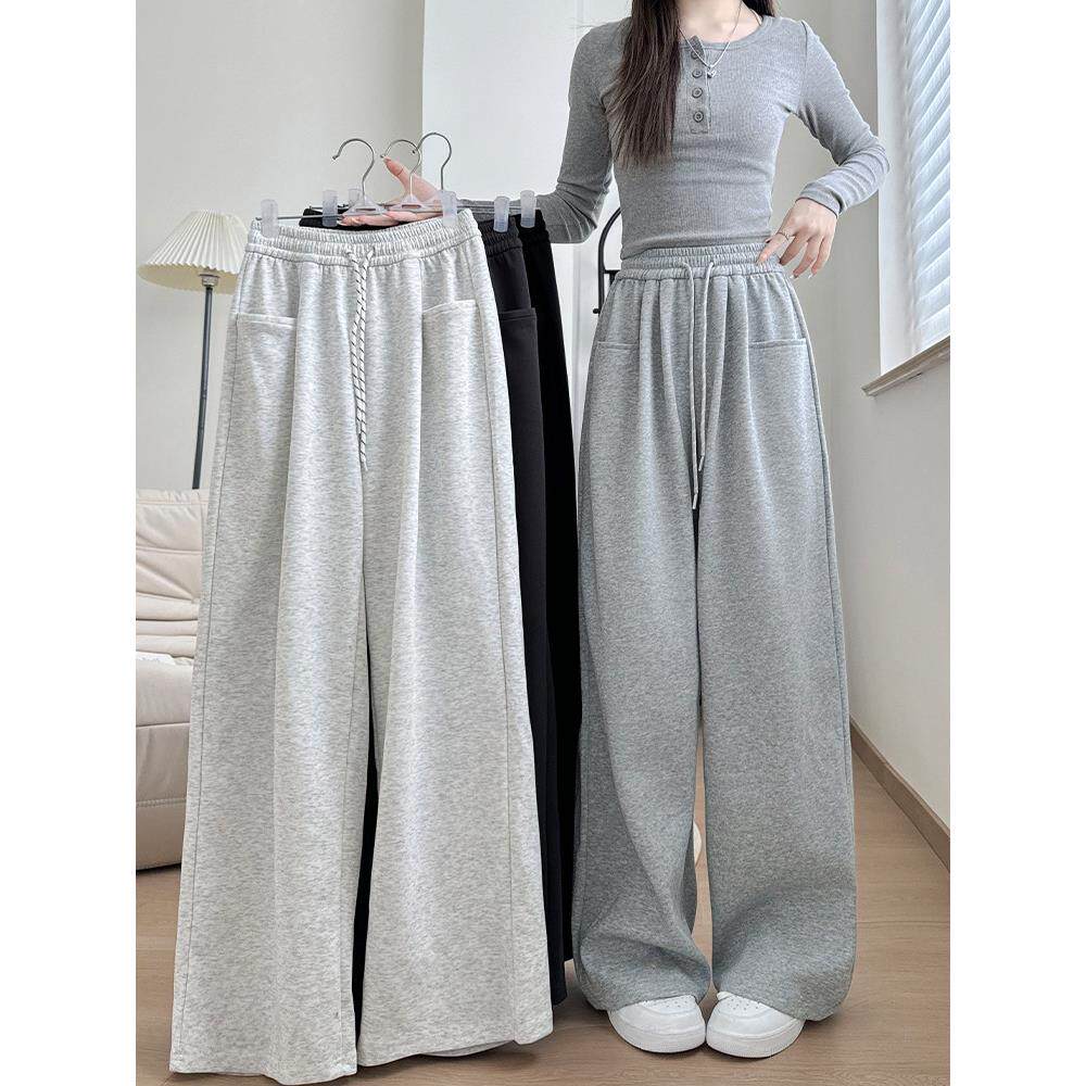 灰色美式运动裤女装春季新款高腰慵懒阔腿裤宽松拖地休闲运动裤定