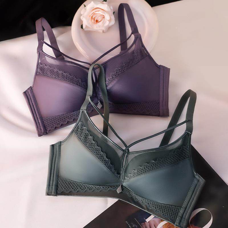 镂空交叉绸缎美胸无钢圈调整型文胸无痕小胸聚拢少女士内衣
