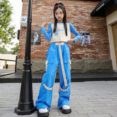 爵士舞女童服装模特走秀潮酷炸街秋季露脐长袖套装女孩街舞表演服
