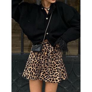 2025欧美时尚复古豹纹短裙女夏季新款蝴蝶结高腰A字裙裤休闲女装