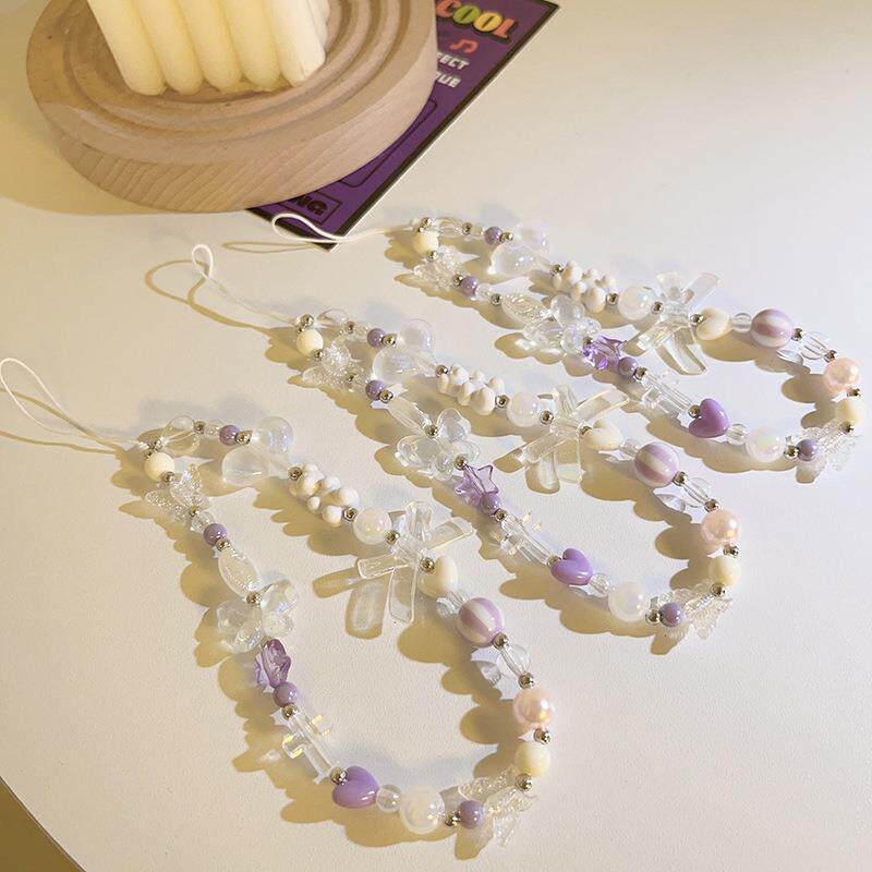 高颜值蝴蝶结爱心串珠链条挂饰手绳通用手机壳手提链手机挂绳饰品