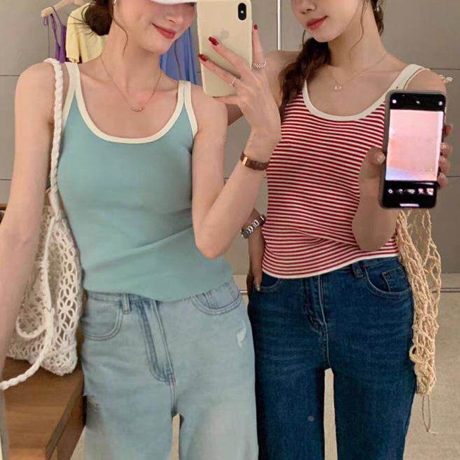 春夏内搭撞色条纹修身百搭外穿针织背心韩版打底螺纹棉带胸垫定制