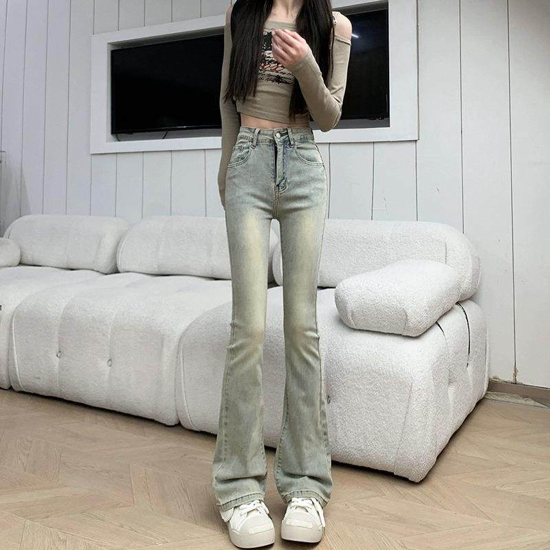 牛仔裤女春秋夏修身美式浅色马蹄裤子怀旧高腰弹力直筒微喇叭长裤