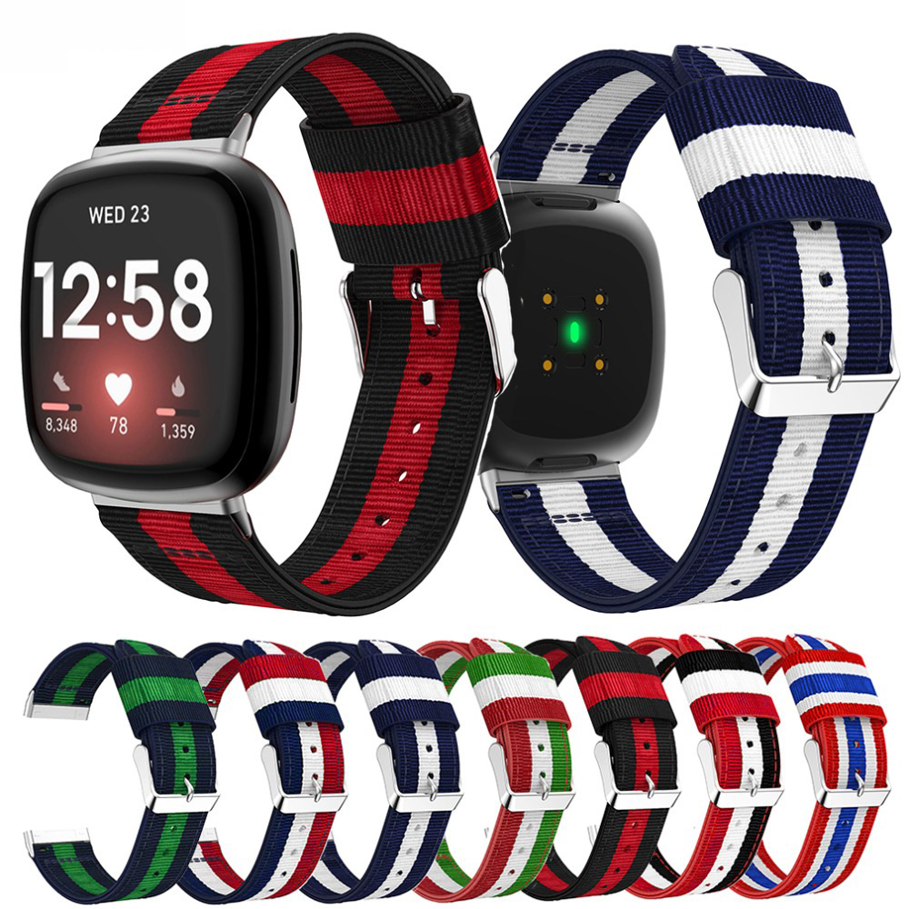 适用Fitbit Versa3/Sense条纹尼龙表带彩色竖纹一体编织腕带现货