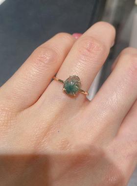 日系轻奢新品天然海藻绿玛瑙水草石925银戒指复古简约水滴型 戒指