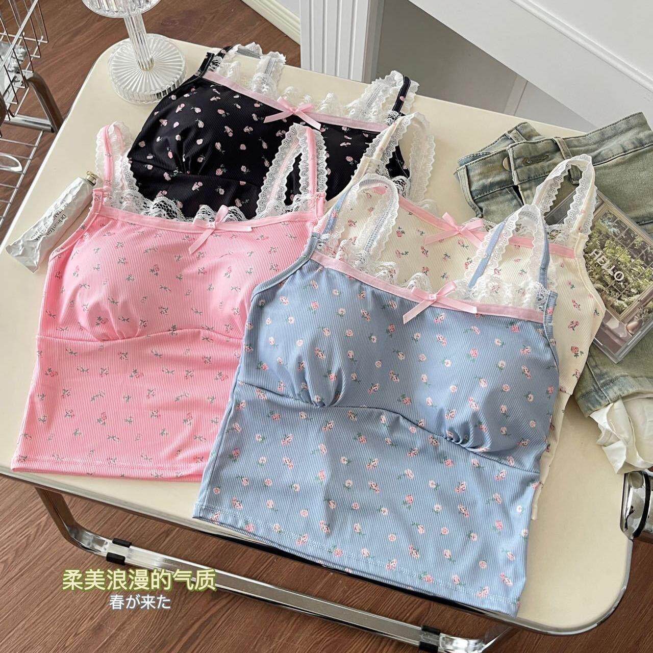 韩系碎花蕾丝吊带背心女内搭一体胸垫打底内衣修身外穿上衣潮定制