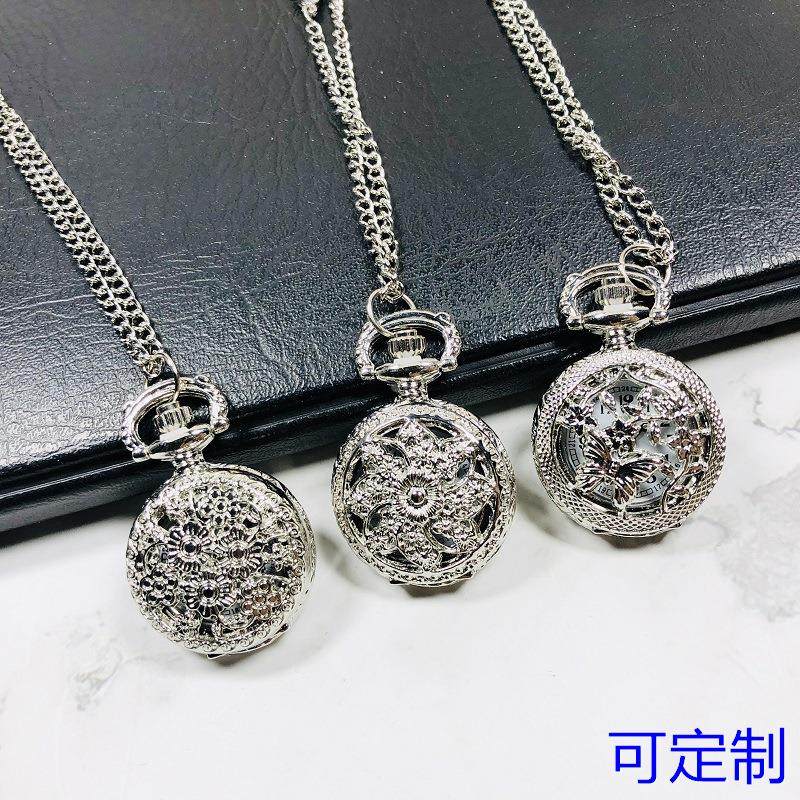 新款小号怀表简约镂空女士手表翻盖蝴蝶项链式挂表精致盒装石英表