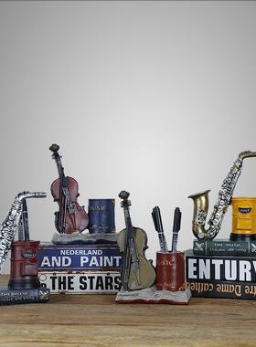 北欧复古学生创意树脂工艺礼品摆件萨克斯小提琴收纳笔筒笔插定制