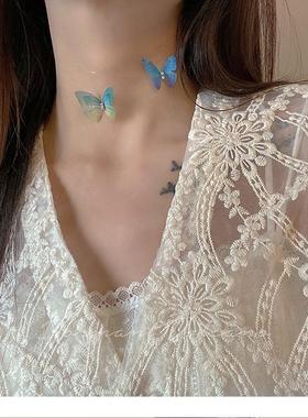 仙女的小蝴蝶」春夏森系甜美薄纱隐形鱼线短款锁骨项链项圈定制