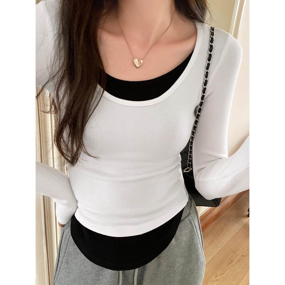 设计感圆领长袖T恤女假两件拼色小众洋气2025春秋新款百搭ins上衣