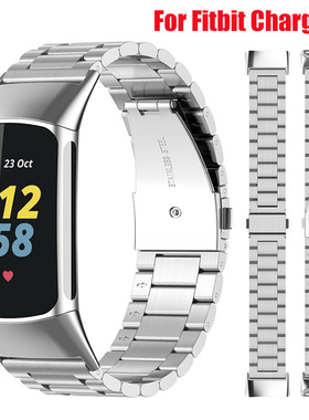 适用于Fitbit Charge 5三珠不锈钢表带Charge5金属钢带腕带现货