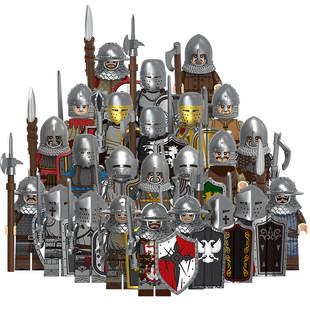 V1006中世纪民兵战士盔甲骑士枪兵士兵积木拼装人仔玩具适配乐高