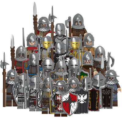 V1006中世纪民兵战士盔甲骑士枪兵士兵积木拼装人仔玩具适配乐高