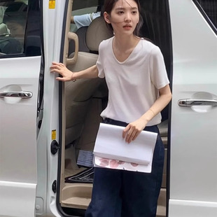 v领上衣女大领口正肩t恤短袖 章若楠同款 夏宽松慵懒风白色穿搭内搭