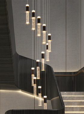 黑金轻奢复式楼大吊灯水晶旋转loft公寓别墅旋转挑高楼梯长吊灯