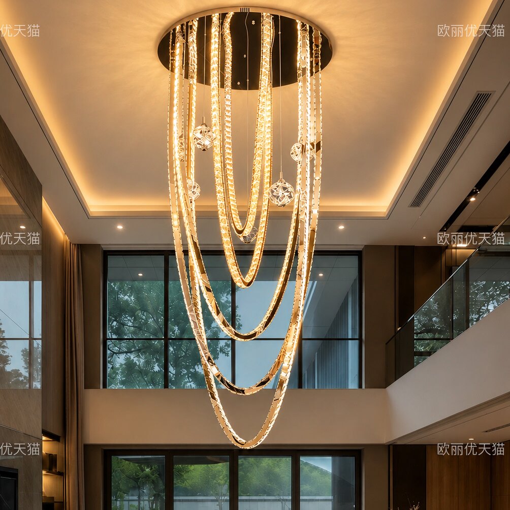 水晶客厅大吊灯现代轻奢别墅复式楼大吊灯自建房高档挑空楼梯吊灯