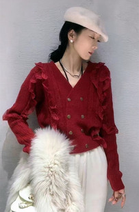 缤典2023早春设计款蕾丝花边双排扣针织开衫女收腰显瘦毛衣外套仙