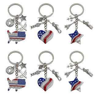 跨境欧美滴油白K美国独立日五角星国旗地图钥匙扣包包挂件小礼品