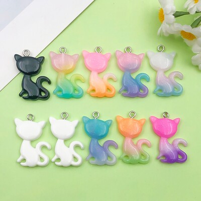 混10个彩色树脂闪粉渐变卡通动物小猫吊坠挂件diy手工饰品配件