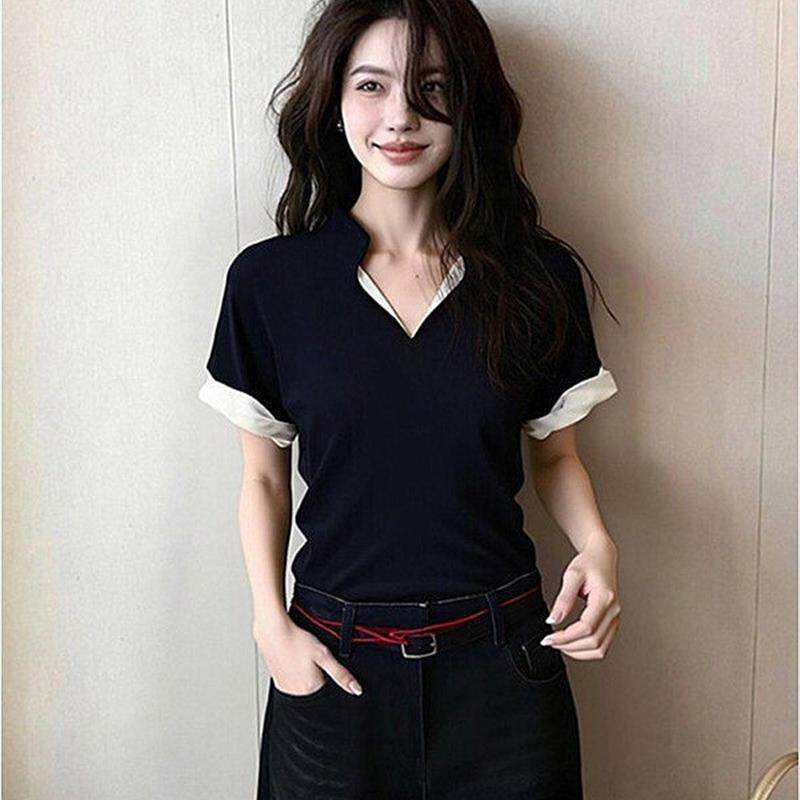 黑色V领正肩短袖t恤女夏季女装2026新款夏日ootd穿搭韩系漂亮上衣
