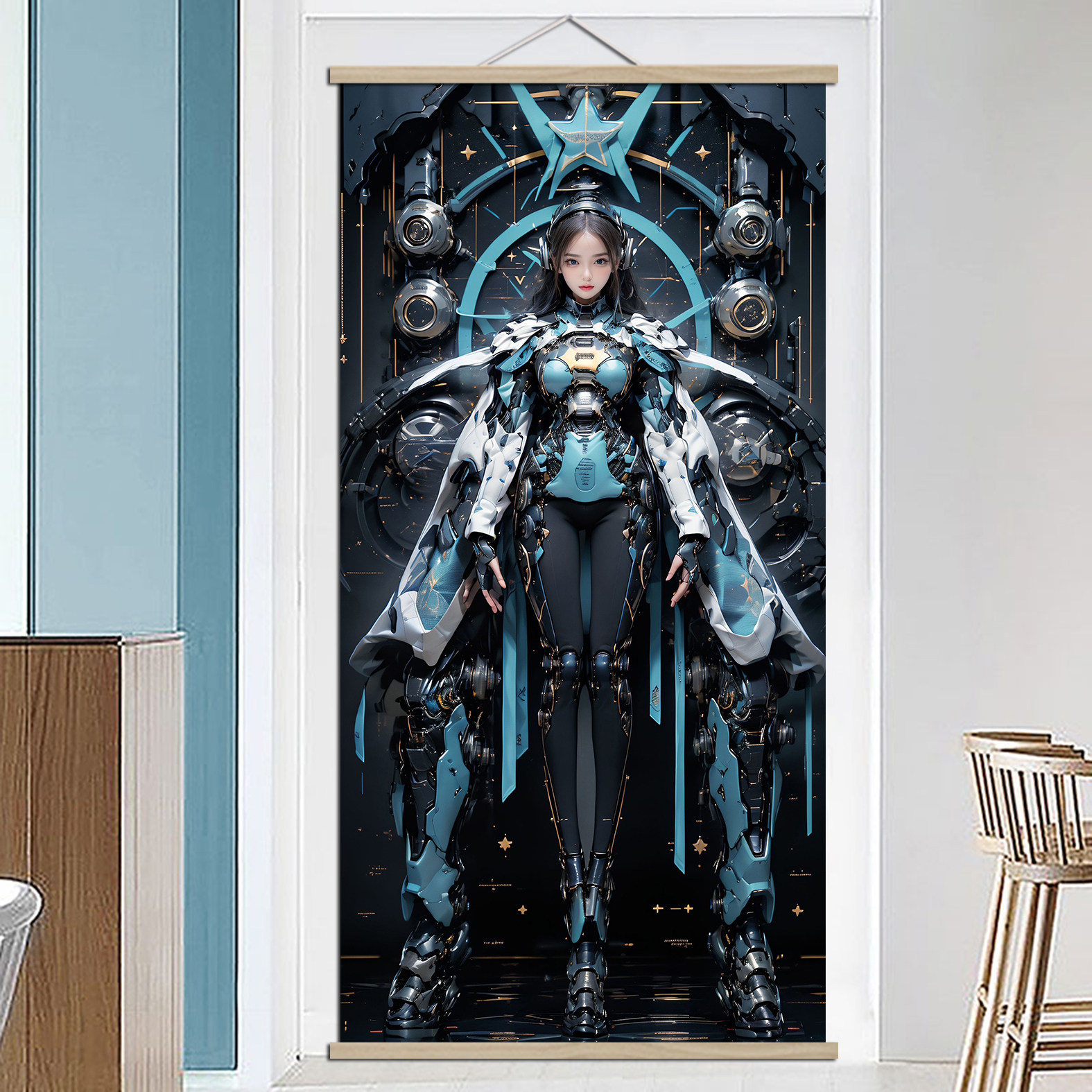 机甲少女卷轴挂画战甲机械女神书房卧室儿童房间玄关挂画个性装饰