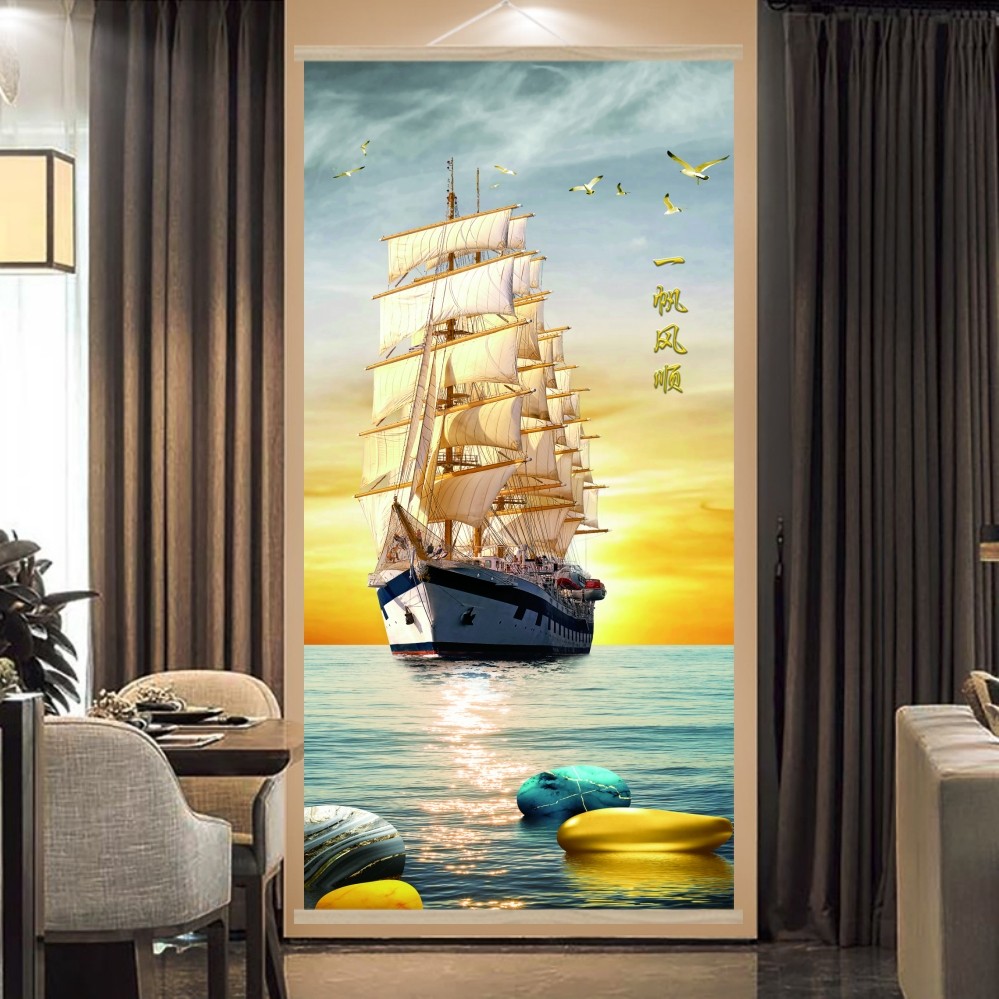 一帆风顺扬帆起航玄关客厅卷轴挂画新中式简约单幅走廊过道装饰画