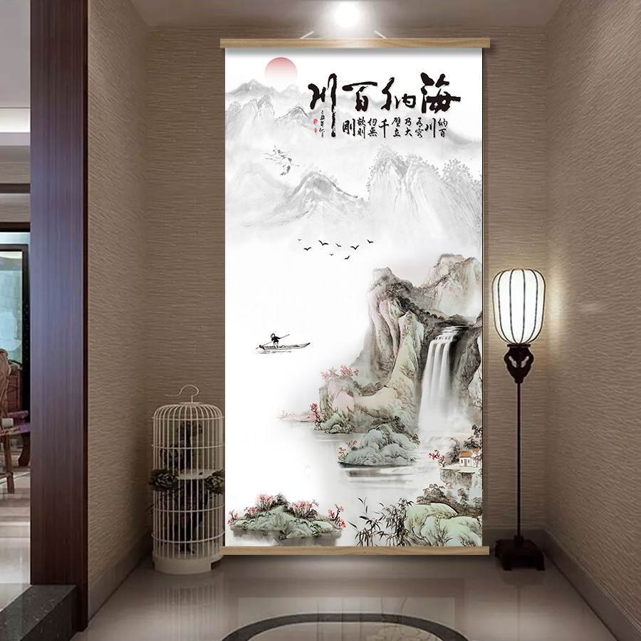 水墨风山水画高山流水新中式实木卷轴挂画客厅办公室玄关走廊装饰