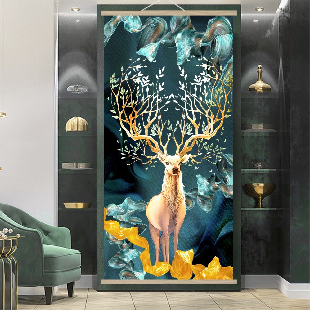 麋鹿幸福鹿卷轴装饰挂画实木油画布玄关客厅走廊过道北欧风格简约