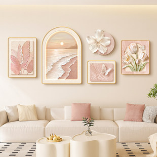 奶油风客厅装饰画海景花卉肌理壁画2026新款沙发背景墙挂画组合画