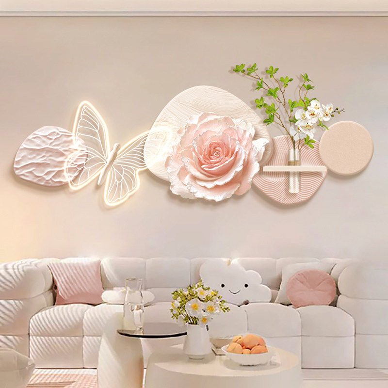 奶油风客厅装饰画蝴蝶花卉水培绿植高级感沙发背景墙挂画2026新款