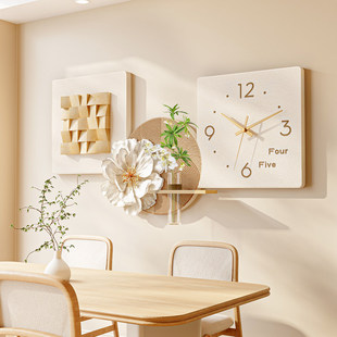 原木奶油风餐厅装饰画带钟表水培绿植高级感挂钟饭厅餐桌时钟挂画