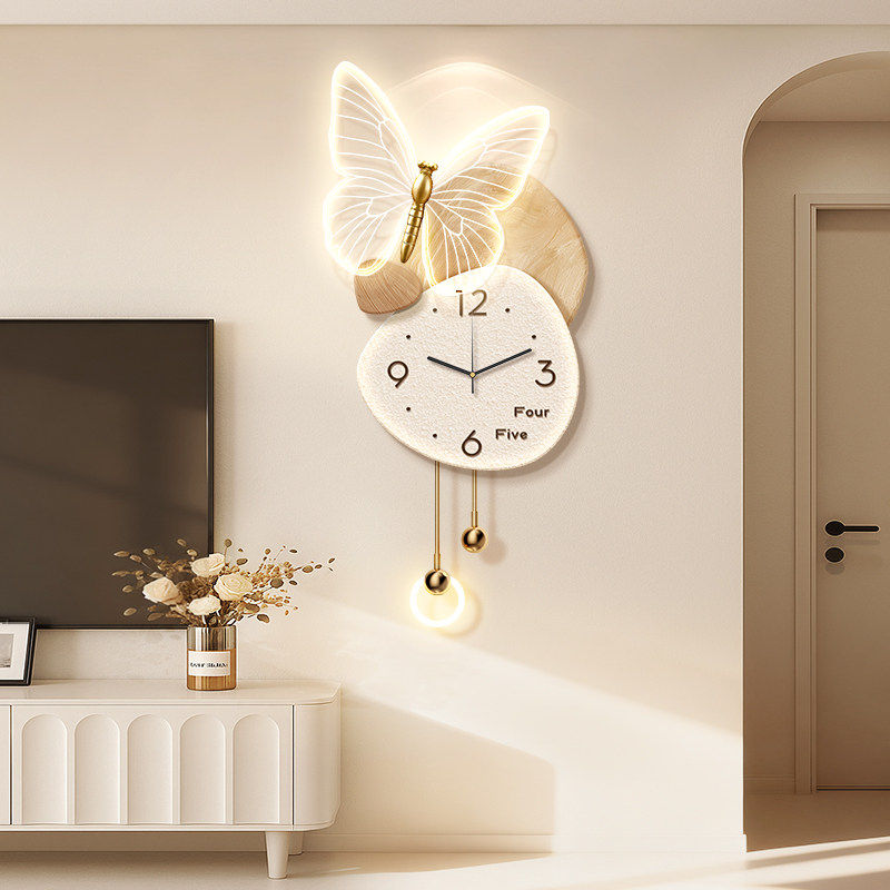 奶油风电视背景墙装饰画时钟高级感钟表挂钟客厅挂画格栅壁灯挂件