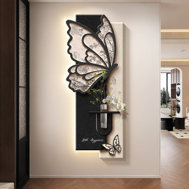 中古风玄关装饰画入户门黑白蝴蝶高级感挂画走廊2026新款墙壁灯画