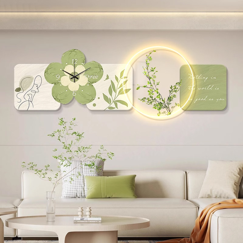 奶油风客厅装饰画壁灯2026新款沙发背景墙挂画带钟表灯画卧室壁画