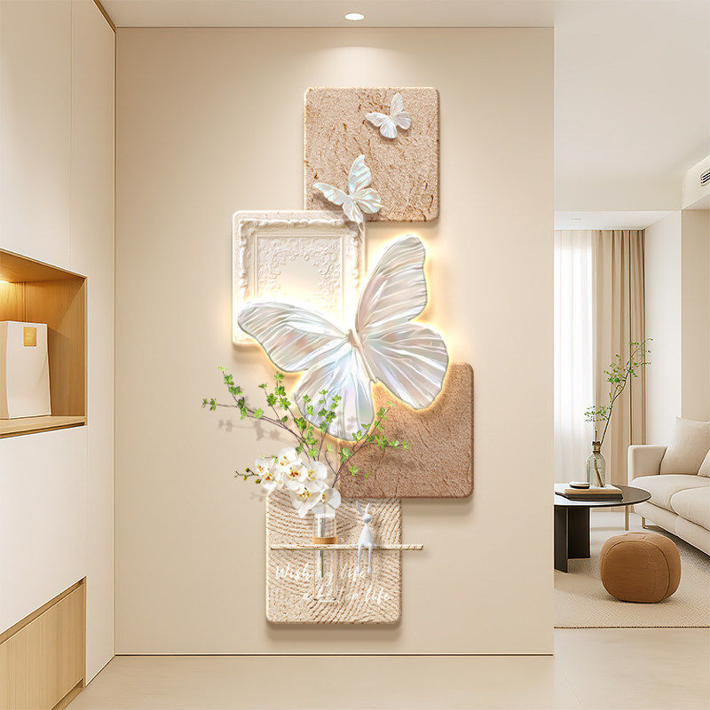 法式奶油风玄关装饰画蝴蝶立体砂岩壁灯画入户走廊过道挂画高级感