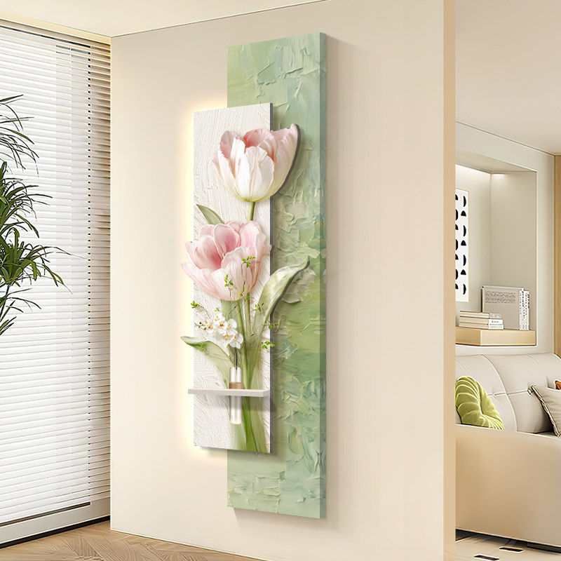 奶油风入户玄关装饰画带灯郁金香花卉立体高级感走廊过道感应挂画