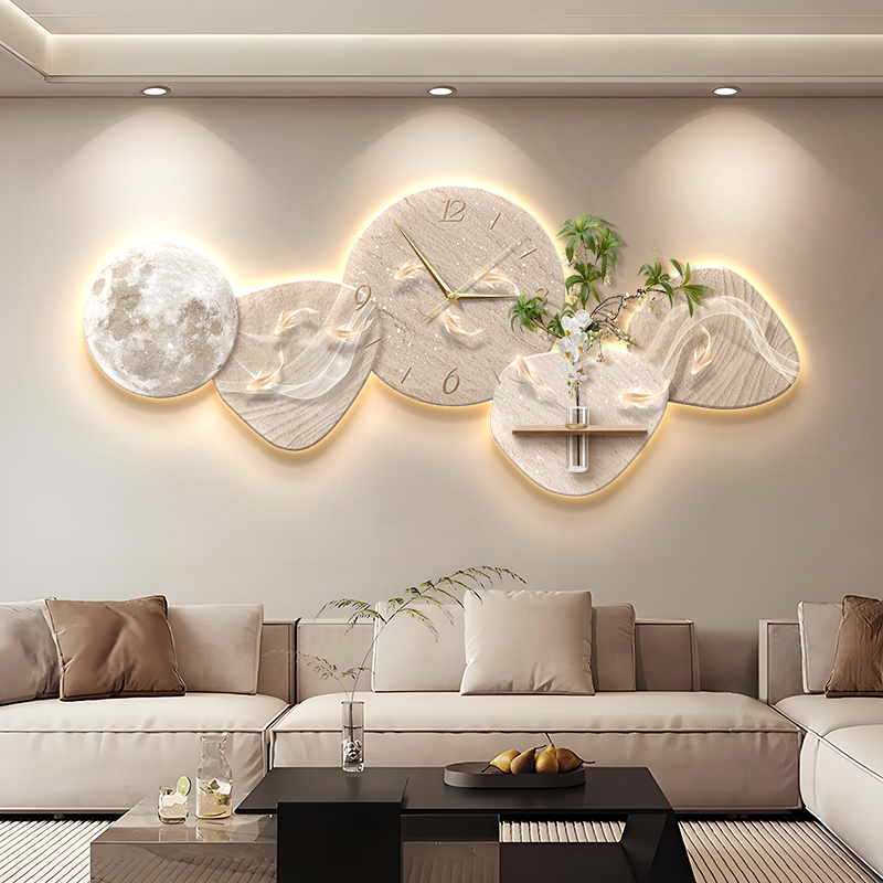 现代轻奢客厅装饰画九鱼图带钟表壁灯画大气高级感沙发背景墙挂画图片