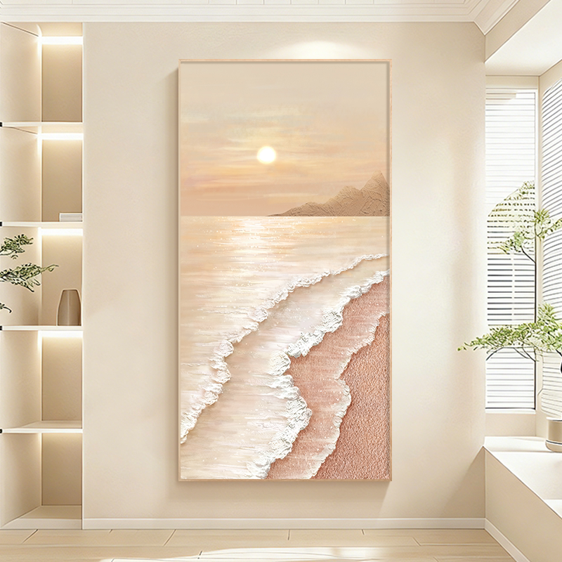 日出奶油风玄关装饰画海浪肌理感油画现代简约走廊过道挂画高级感