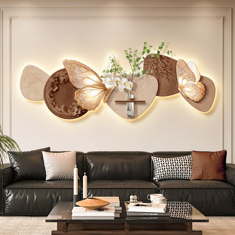 法式中古风客厅装饰画高级感沙发背景墙挂画蝴蝶壁灯卧室床头壁画