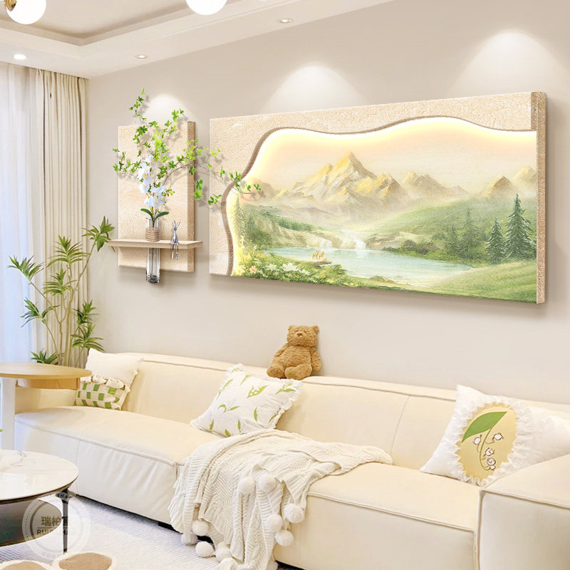 奶油风客厅装饰画原木大气日照金山沙发背景墙挂画高级感山水壁灯